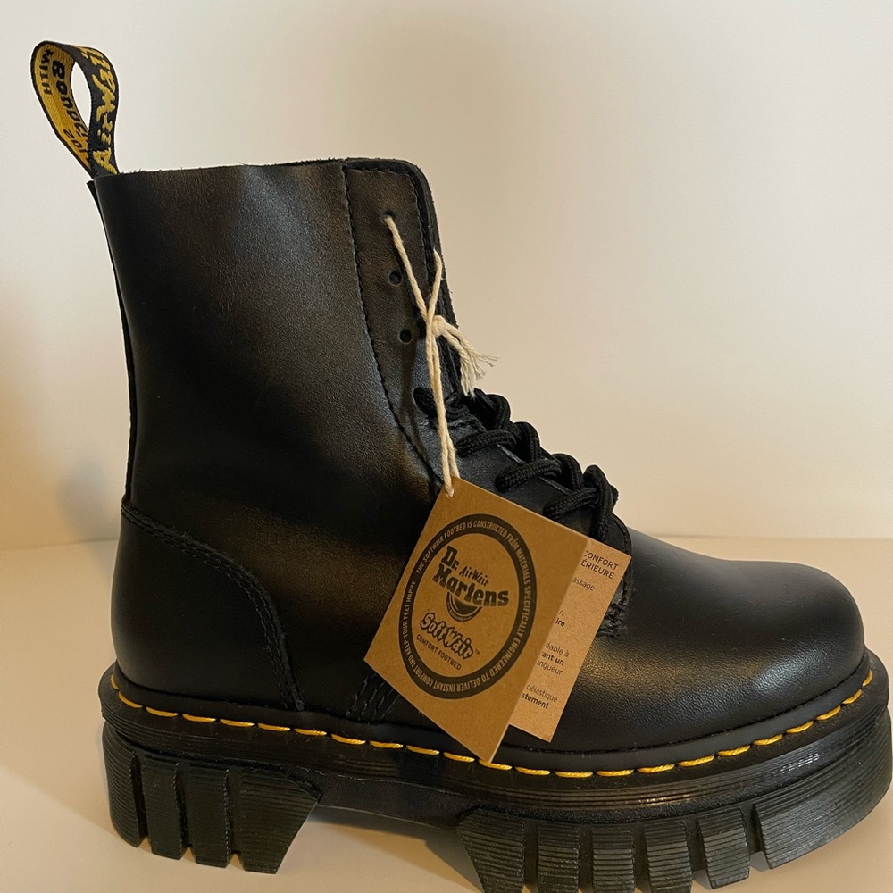 Dr. Martens Black Platform Boots with Yellow Stitching